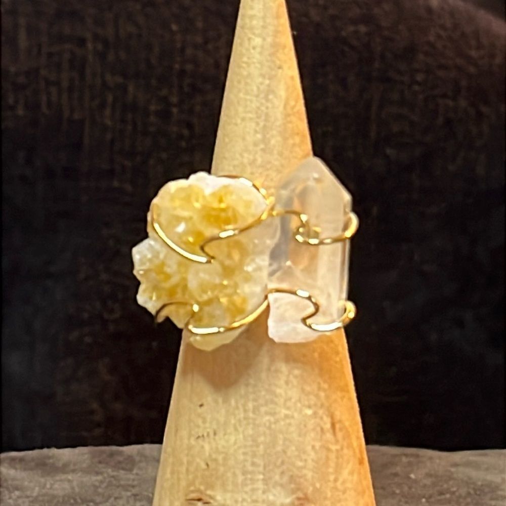Brazilian citrine raw and natural crystal ring in gold tone 38 ctw size 7